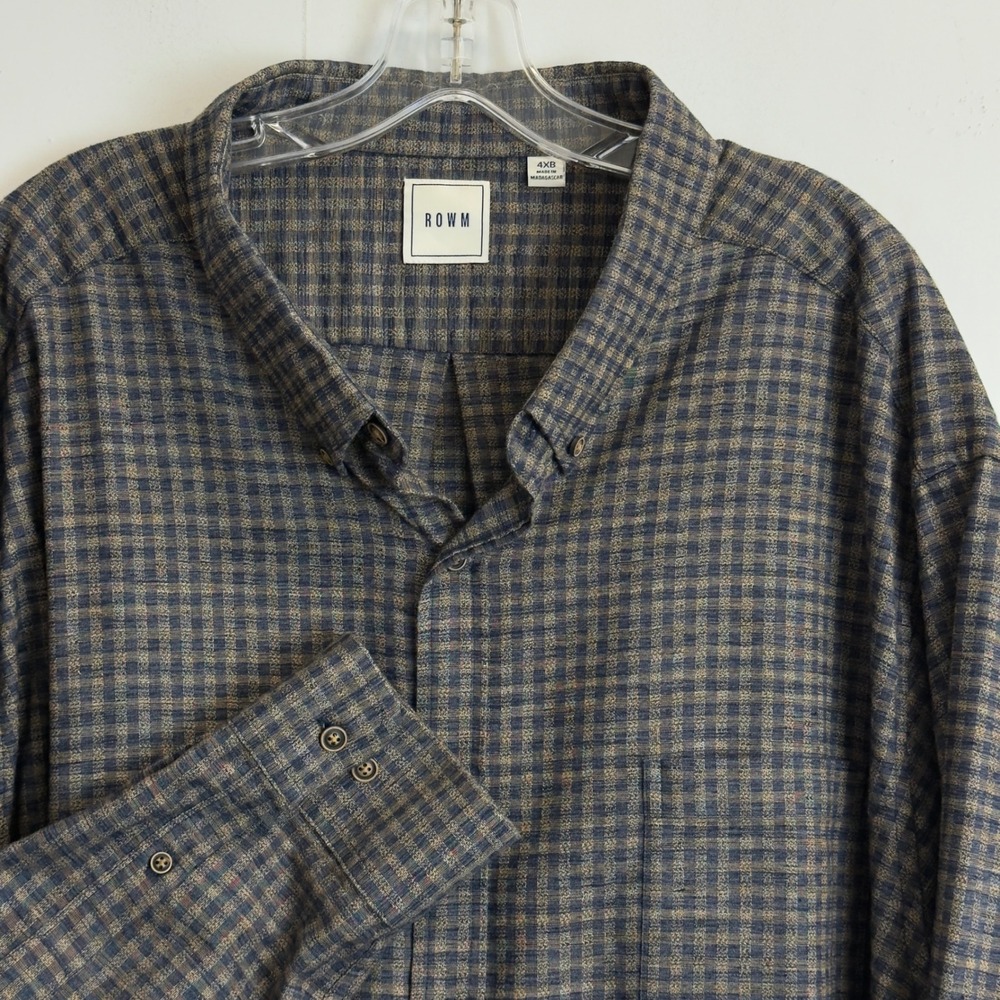 ROWM Mens 4XB Blue Brown Check Cotton Blend Button Down Long Sleeve Shirt